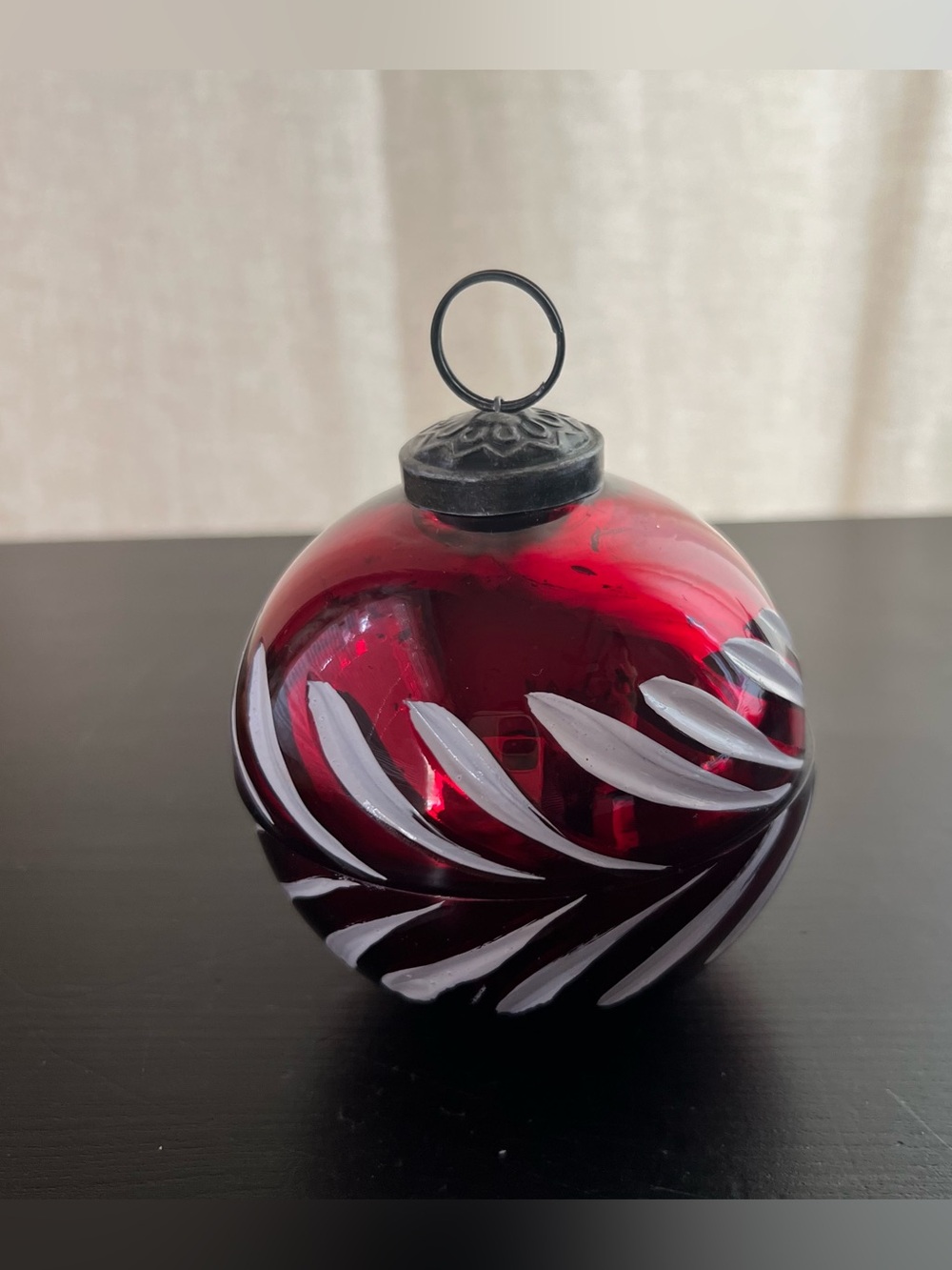 Pottery Barn Red and White Swirl Glass Holiday Ornament